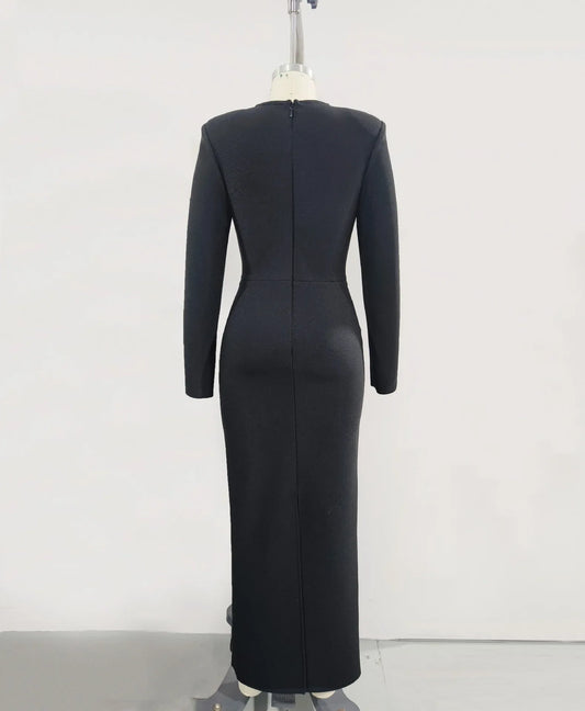 Women Long Sleeve Sexy Shinning Crystal Keyholes Bodycon Long Bandage Dress Celebrate Evening Party Cocktail Outfit