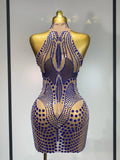 Luxury Birthday Dress Women Rhinestones Sexy Transparent Mesh Mini Dress Evening Party Nightclub Stage Performance Costume