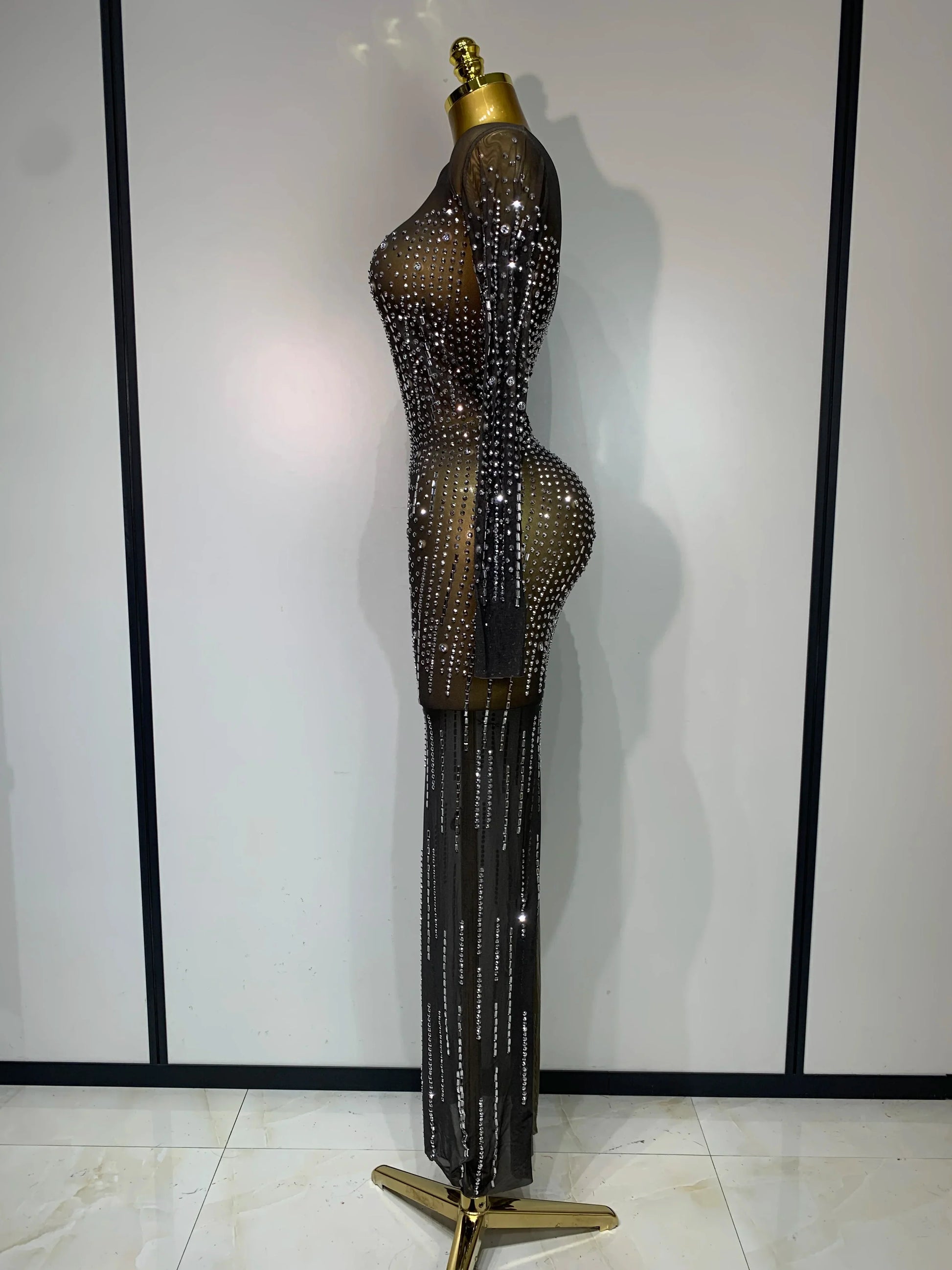 Women Sexy Long Sleeve Mesh See Through Dress Elegant Evening Party Luxury Birthday Club Rhinestone Performance Costume