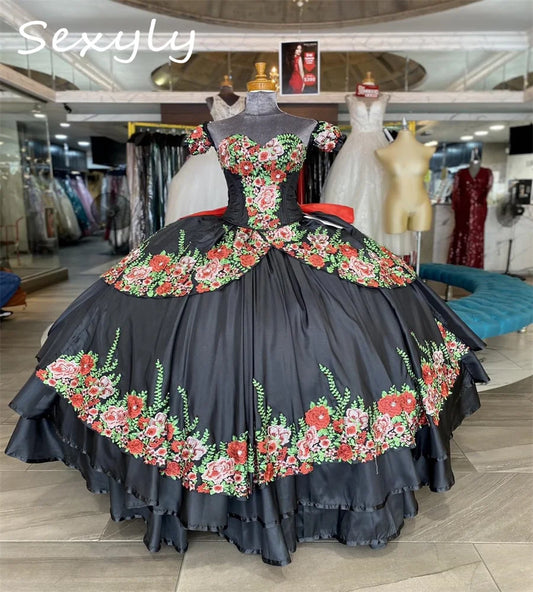 Mexico Theme Black Vestido De 15 Años Quinceanera 2024 Vintage Colorful Flowers Charro Fifteen Birthday Dress Tiered Customized black