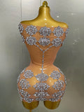 Luxury Sparkly Rhinestone Mesh Mini Dress Women Sexy Nightclub Party Dance Performance Costume Singer Dancer Show Stage Wear