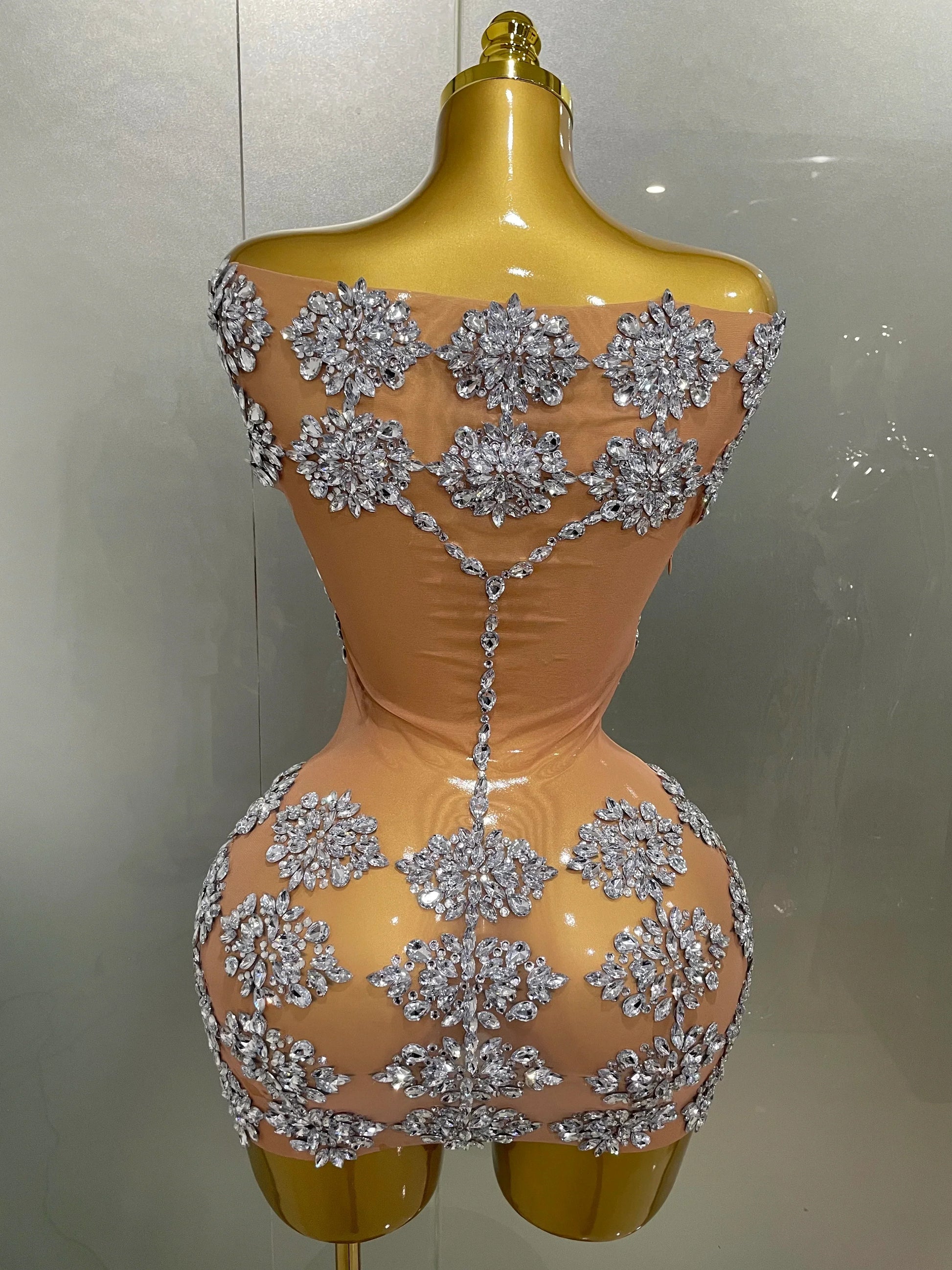 Luxury Sparkly Rhinestone Mesh Mini Dress Women Sexy Nightclub Party Dance Performance Costume Singer Dancer Show Stage Wear