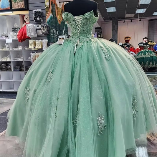 Vestido para quinceañeras verde salvia brillante, apliques De encaje con hombros descubiertos, Vestidos De 15 anos, fiesta De princesa