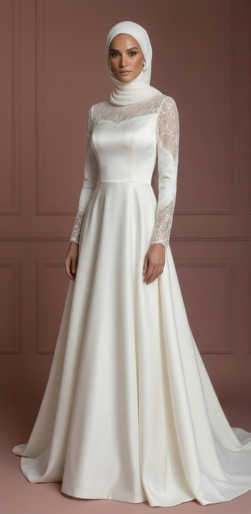 Satin A-Line Modest Wedding Dress – Perfect Hijab-Friendly Nikah Outfit Muslim