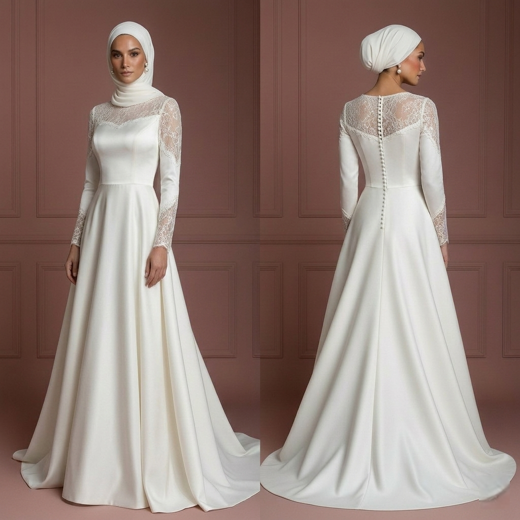 Satin A-Line Modest Wedding Dress – Perfect Hijab-Friendly Nikah Outfit Muslim