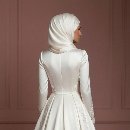 Satin Ball Gown for Muslim Brides – Modest Ivory Hijab Wedding Dress
