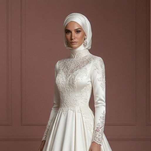 Satin Ball Gown for Muslim Brides – Modest Ivory Hijab Wedding Dress