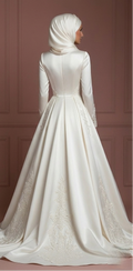 Satin Ball Gown for Muslim Brides – Modest Ivory Hijab Wedding Dress