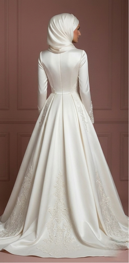 Satin Ball Gown for Muslim Brides – Modest Ivory Hijab Wedding Dress