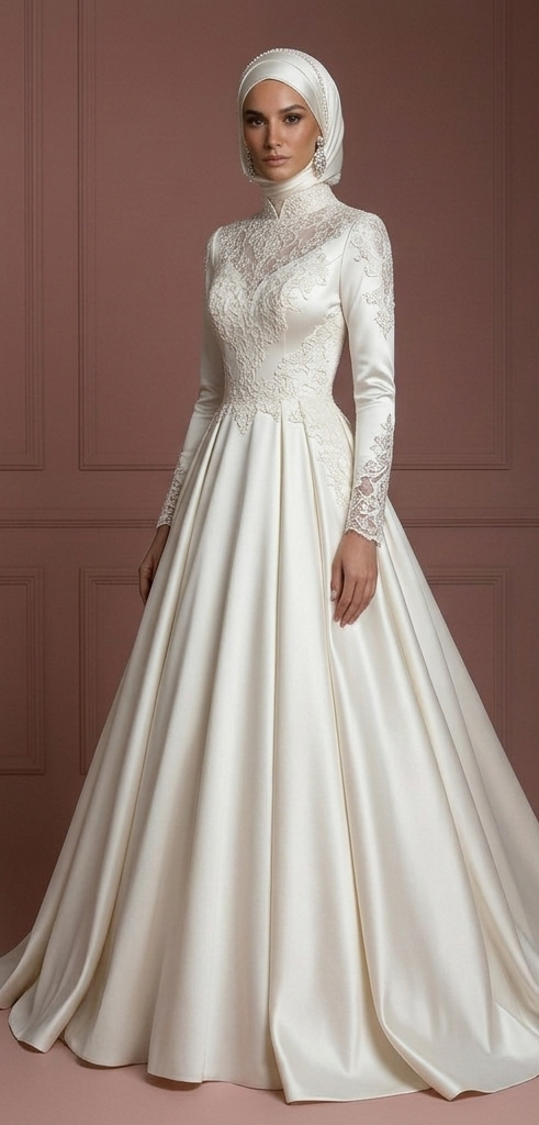 Satin Ball Gown for Muslim Brides – Modest Ivory Hijab Wedding Dress
