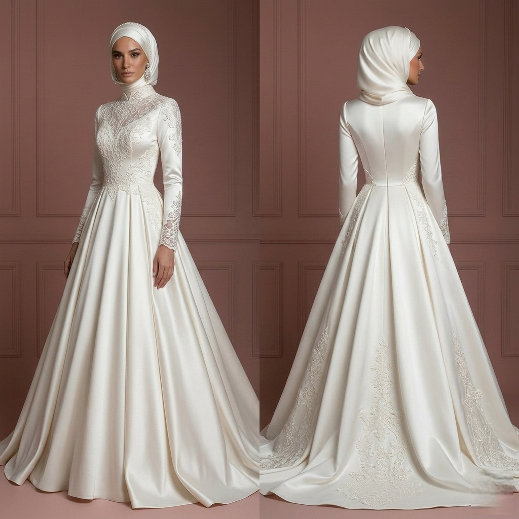 Satin Ball Gown for Muslim Brides – Modest Ivory Hijab Wedding Dress