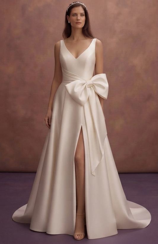 Satin Bridal Gowns with Oversized Bow Accents