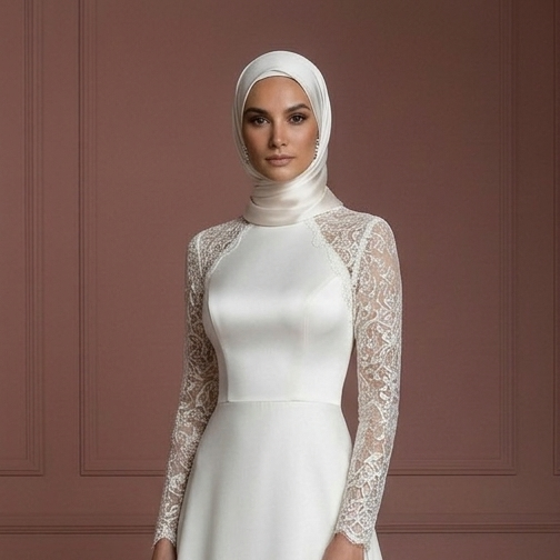 Satin Hijab Wedding Dress – Elegant Ivory A-Line for Modest Brides Muslim