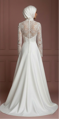 Satin Hijab Wedding Dress – Elegant Ivory A-Line for Modest Brides Muslim