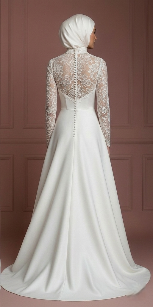 Satin Hijab Wedding Dress – Elegant Ivory A-Line for Modest Brides Muslim