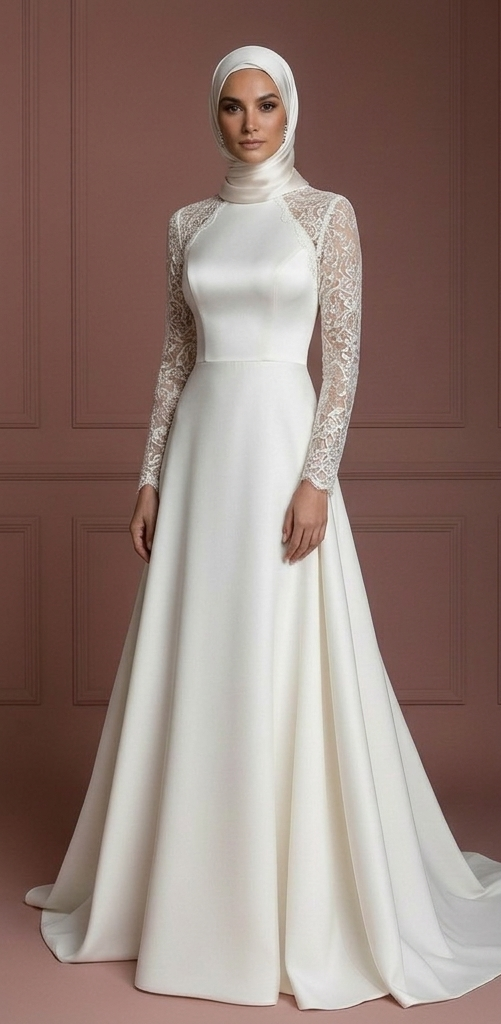 Satin Hijab Wedding Dress – Elegant Ivory A-Line for Modest Brides Muslim