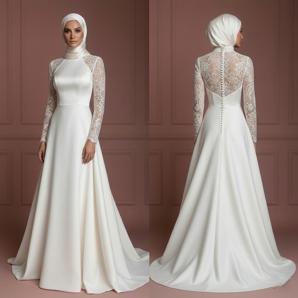 Satin Hijab Wedding Dress – Elegant Ivory A-Line for Modest Brides Muslim