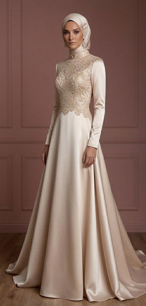 Satin Long Sleeve Bridal Wedding Dress – Soft Champagne Muslim Outfit