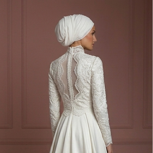 Satin Long Sleeve Bridal Wedding Dress – Soft White Modest Muslim Outfit