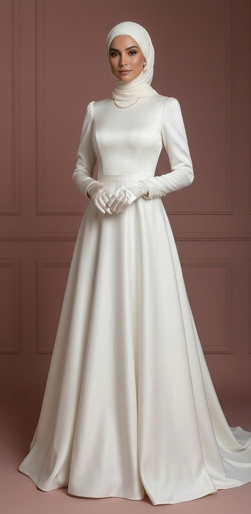 Satin Long Sleeve Nikah Wedding Dress – Elegant Ivory Muslim Outfit