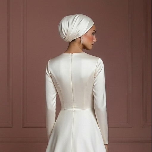 Satin Long Sleeve Wedding Dress – Ivory Hijab-Friendly Elegance Muslim
