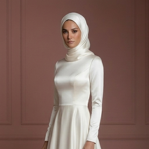 Satin Long Sleeve Wedding Dress – Ivory Hijab-Friendly Elegance Muslim