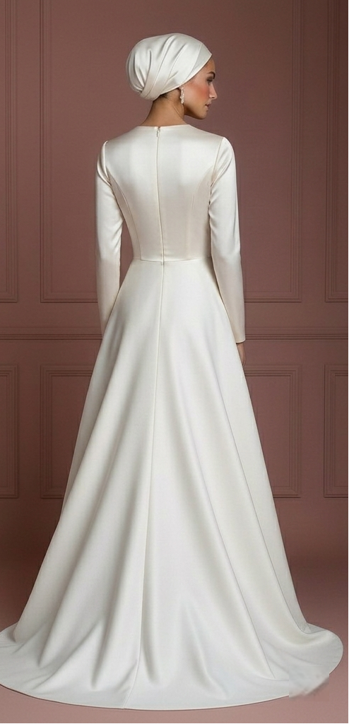 Satin Long Sleeve Wedding Dress – Ivory Hijab-Friendly Elegance Muslim