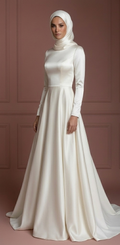 Satin Long Sleeve Wedding Dress – Ivory Hijab-Friendly Elegance Muslim