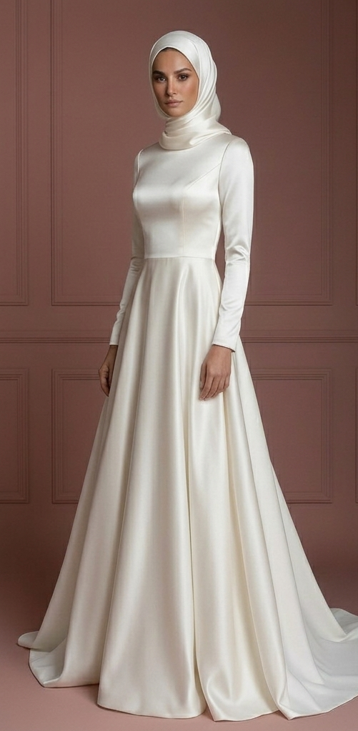 Satin Long Sleeve Wedding Dress – Ivory Hijab-Friendly Elegance Muslim