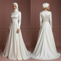 Satin Long Sleeve Wedding Dress – Ivory Hijab-Friendly Elegance Muslim