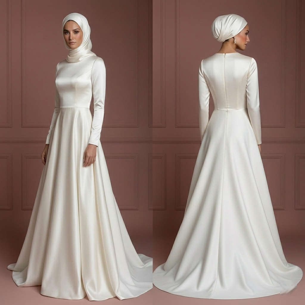 Satin Long Sleeve Wedding Dress – Ivory Hijab-Friendly Elegance Muslim