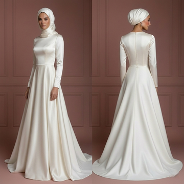 Satin Long Sleeve Wedding Dress – Ivory Hijab-Friendly Elegance Muslim
