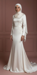 Satin Mermaid Hijab Wedding Dress – Soft Pearl White Modest Style Muslim