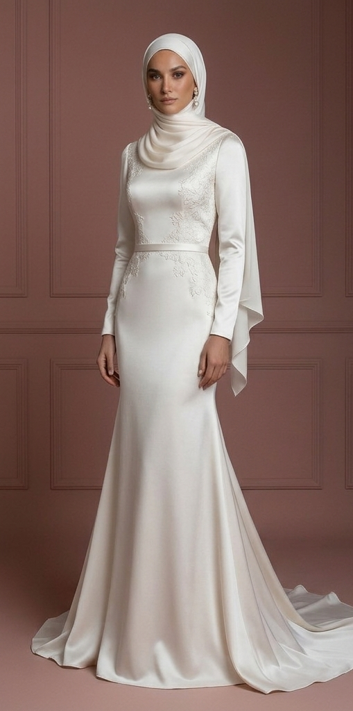 Satin Mermaid Hijab Wedding Dress – Soft Pearl White Modest Style Muslim