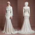 Satin Mermaid Hijab Wedding Dress – Soft Pearl White Modest Style Muslim