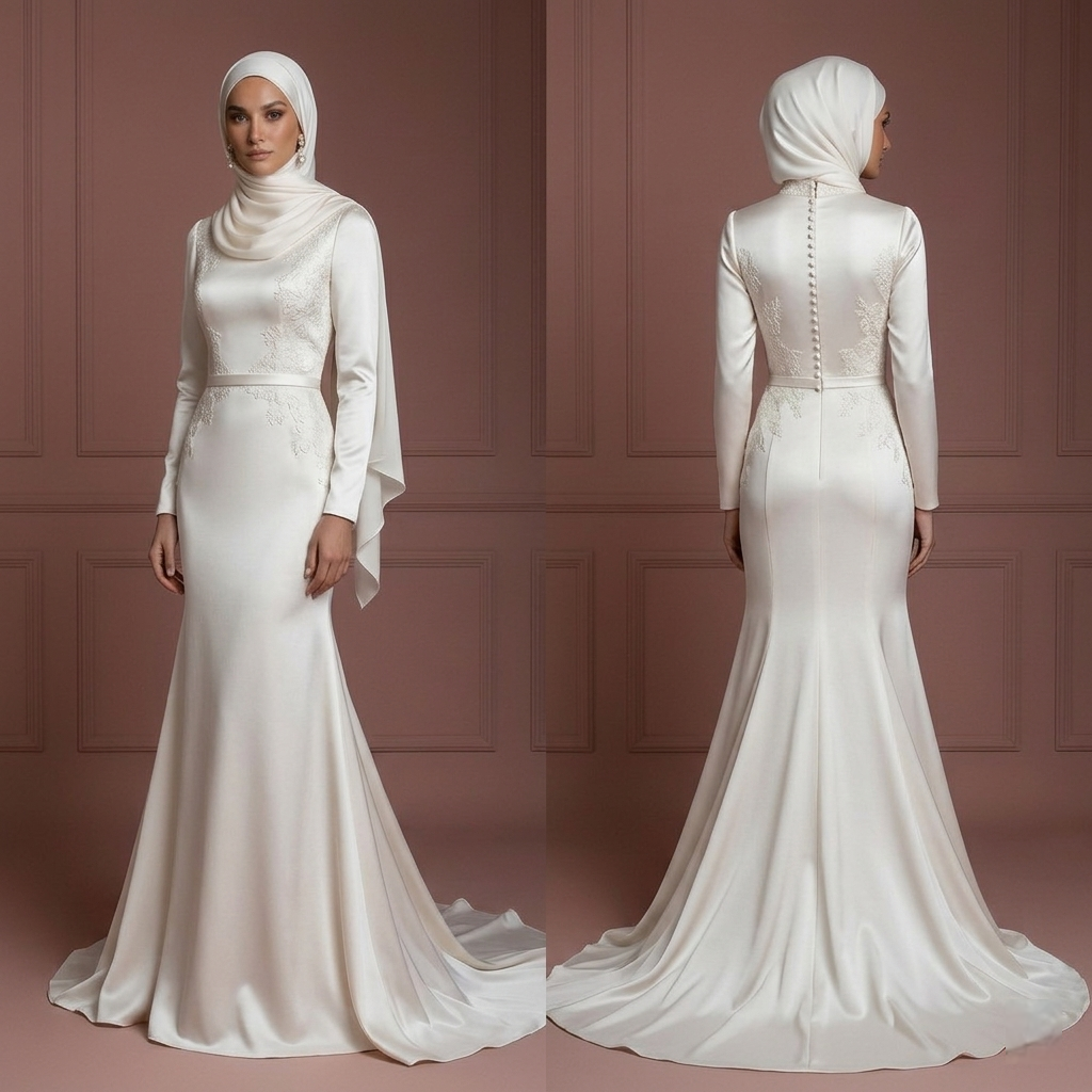 Satin Mermaid Hijab Wedding Dress – Soft Pearl White Modest Style Muslim