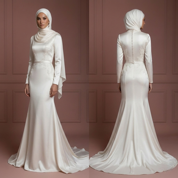 Satin Mermaid Hijab Wedding Dress – Soft Pearl White Modest Style Muslim