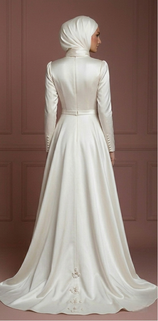 Satin Minimalist Hijab Wedding Dress – Ivory Modern Modest Gown Muslim