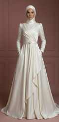 Satin Minimalist Hijab Wedding Dress – Ivory Modern Modest Gown Muslim