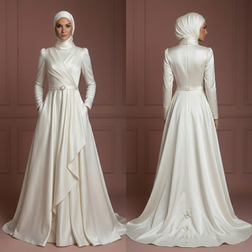 Satin Minimalist Hijab Wedding Dress – Ivory Modern Modest Gown Muslim