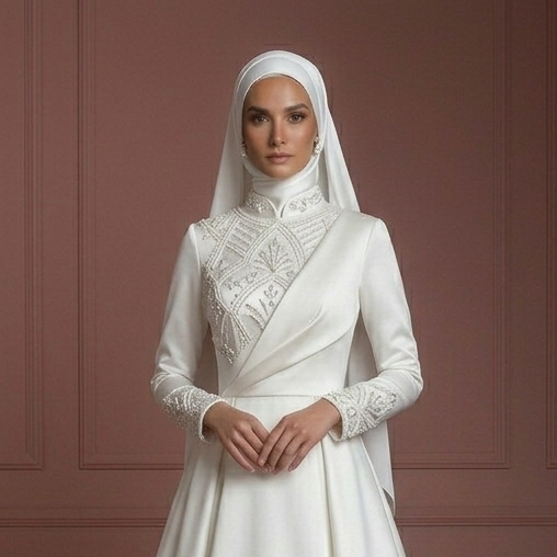 Satin Minimalist Princess Wedding Dress – Pearl White Modern Muslim Style