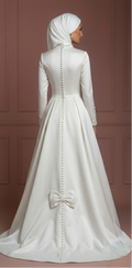 Satin Minimalist Princess Wedding Dress – Pearl White Modern Muslim Style