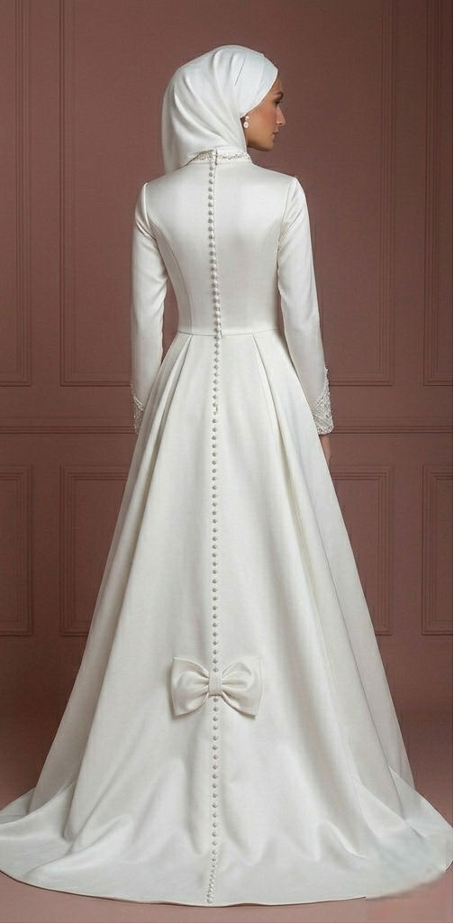Satin Minimalist Princess Wedding Dress – Pearl White Modern Muslim Style