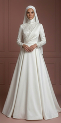Satin Minimalist Princess Wedding Dress – Pearl White Modern Muslim Style