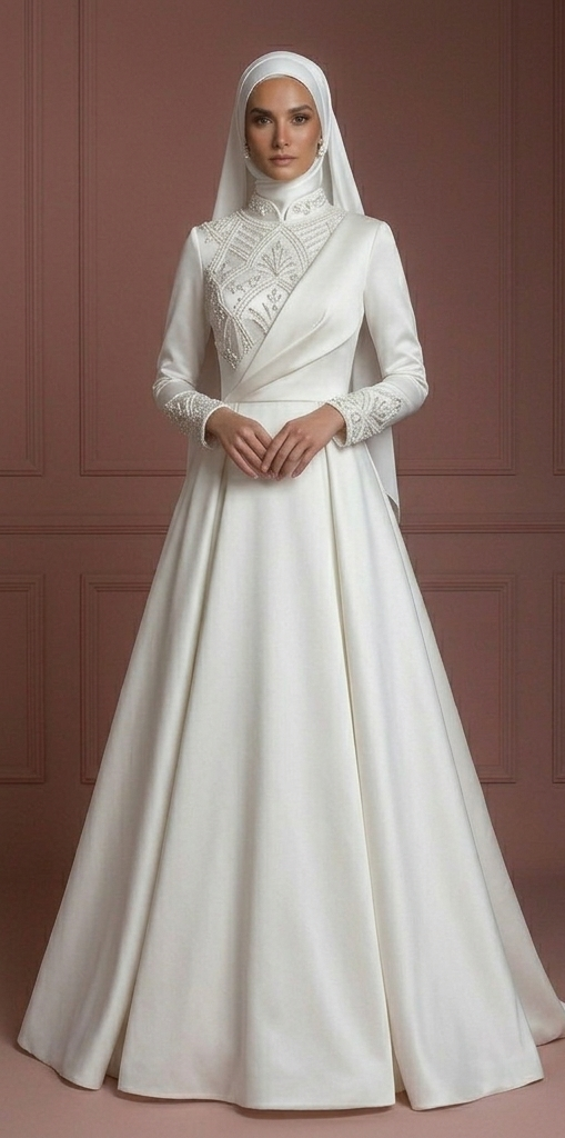 Satin Minimalist Princess Wedding Dress – Pearl White Modern Muslim Style
