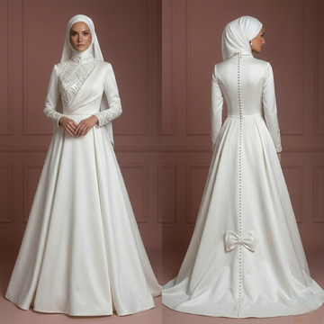 Satin Minimalist Princess Wedding Dress – Pearl White Modern Muslim Style