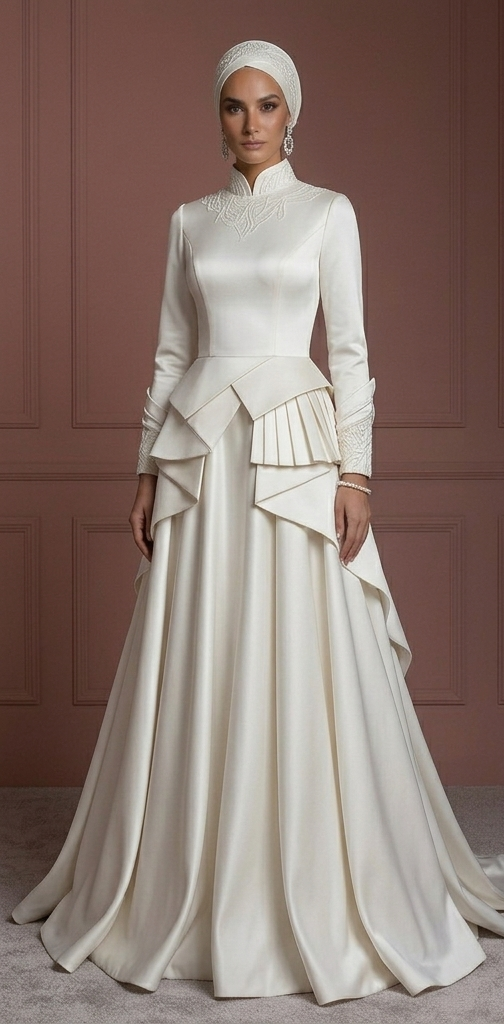 Satin Nikah Wedding Dress – Ivory A-Line Hijab-Friendly Outfit Muslim