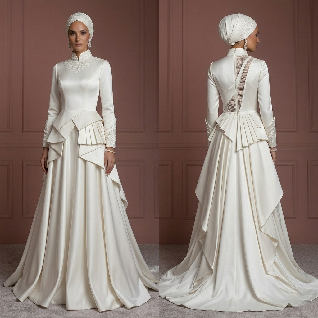 Satin Nikah Wedding Dress – Ivory A-Line Hijab-Friendly Outfit Muslim
