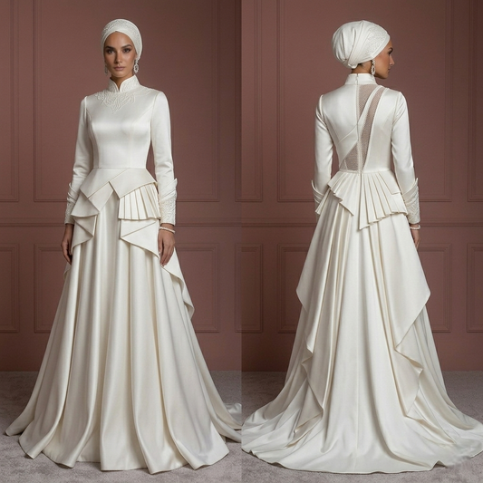 Satin Nikah Wedding Dress – Ivory A-Line Hijab-Friendly Outfit Muslim