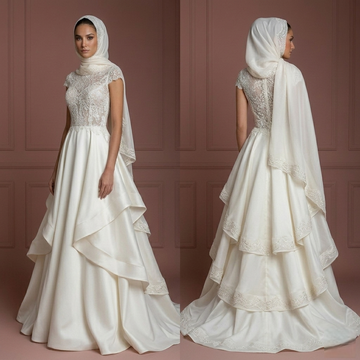 Satin Organza Layered Wedding Dress – Walima Muslim Gown